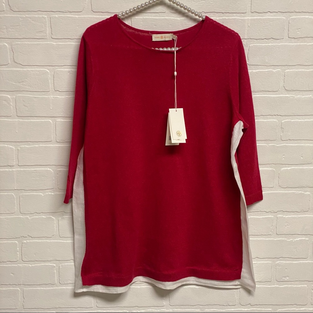 New Tory Burch Julie Sweater Cotton Linen Red Sz S